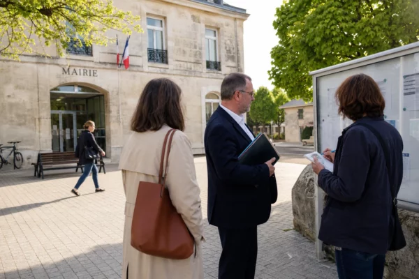 Citoyens anonymes échangeant devant une mairie française, dans une scène de vie civique liée à une sanction institutionnelle