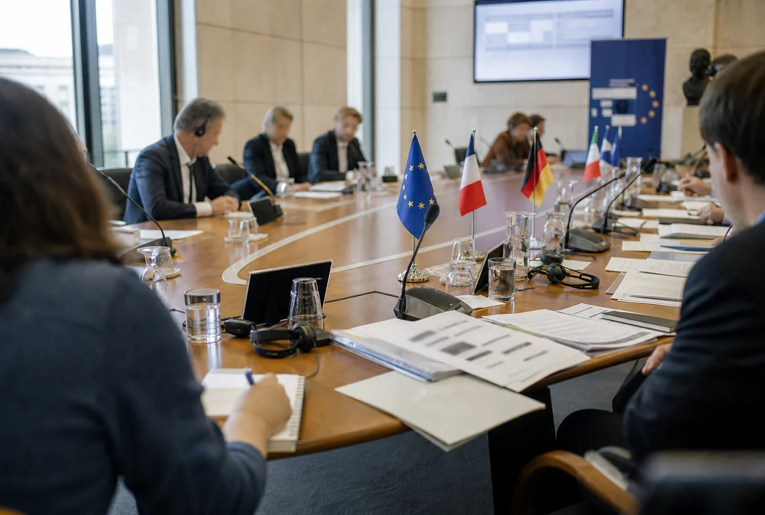 Table européenne de négociation avec dossiers, écouteurs et silhouettes anonymes sur fond de vigilance électorale
