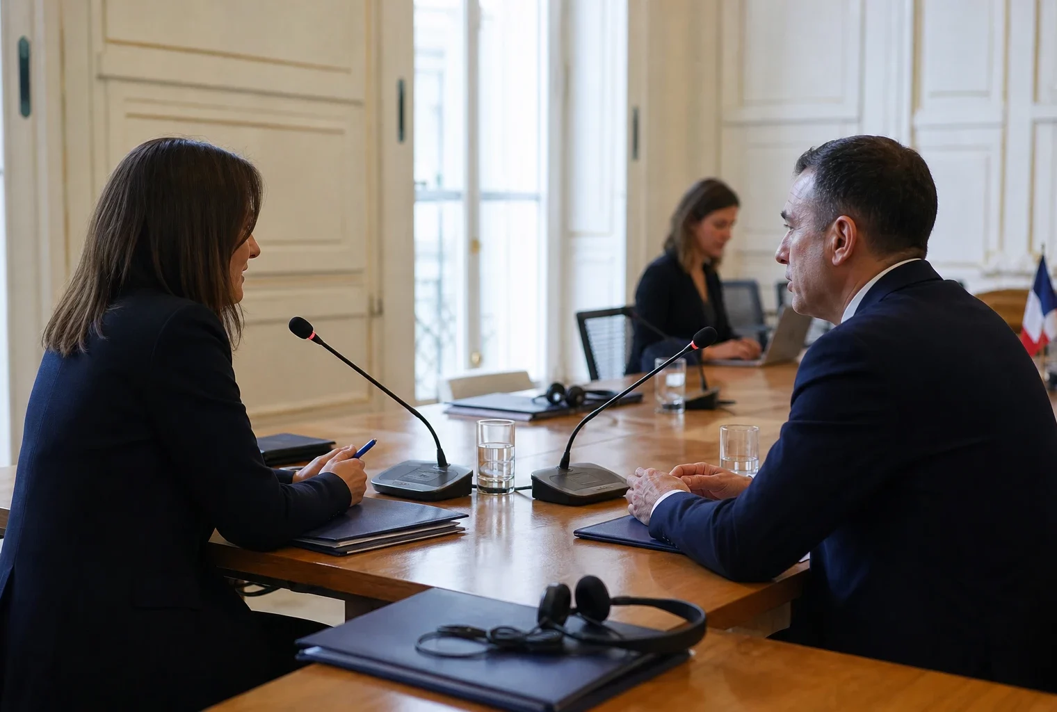 Table de négociation institutionnelle avec micros, dossiers et silhouettes anonymes dans une salle lumineuse française.