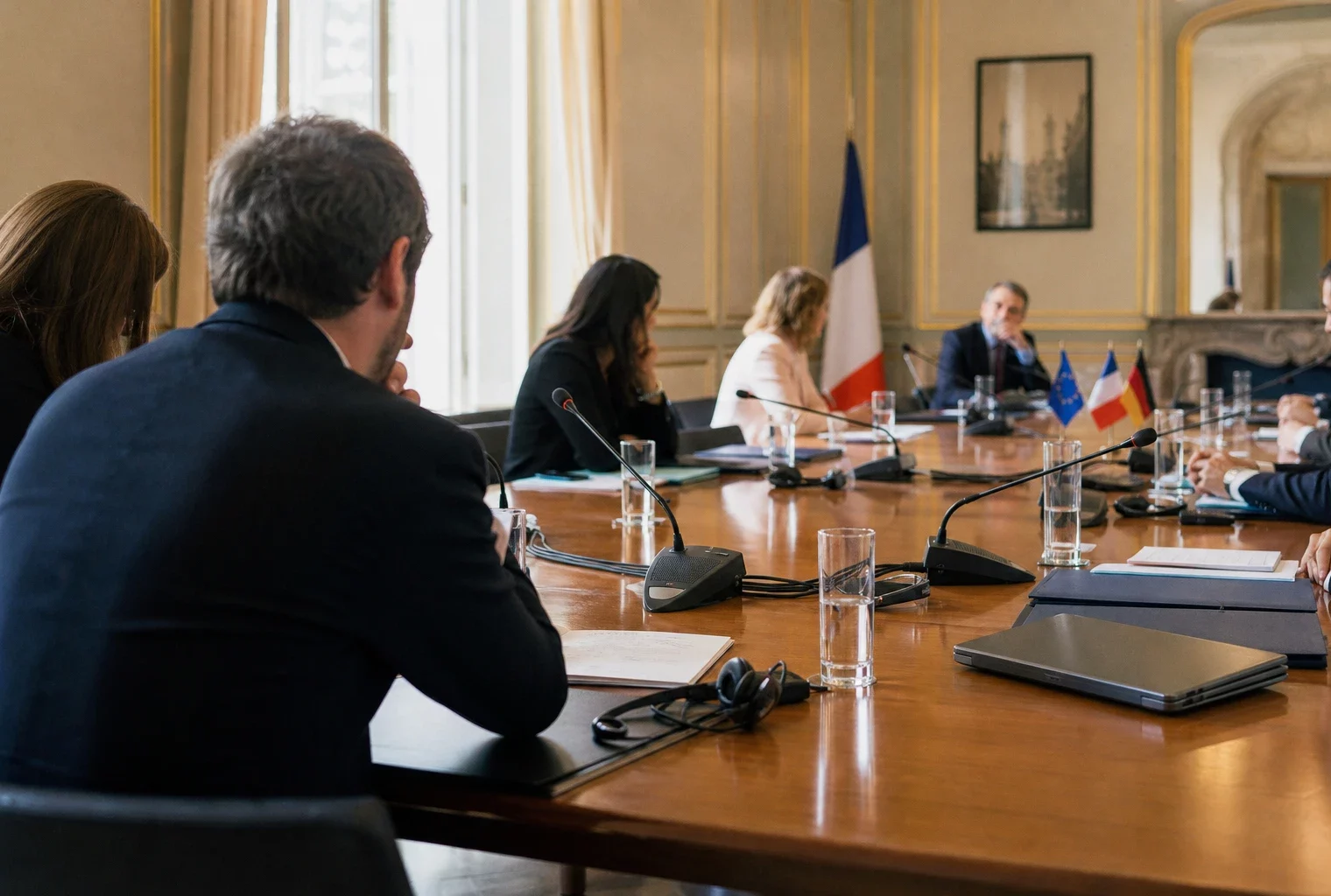 Table de négociation institutionnelle avec micros, dossiers fermés et silhouettes anonymes sous une lumière claire.