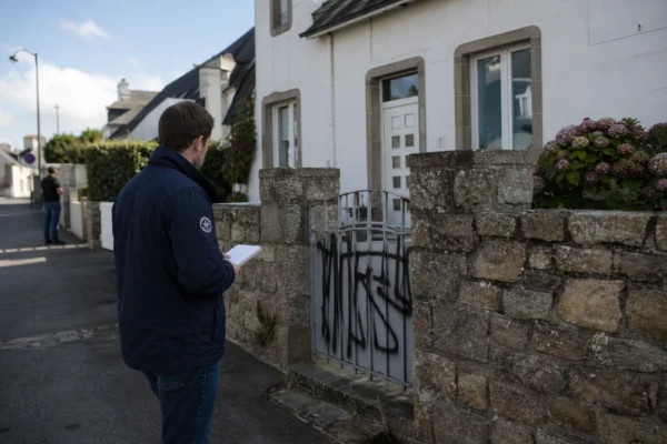 Maison familiale à La Trinité-sur-Mer avec des tags noirs et un enquêteur anonymisé devant le portail