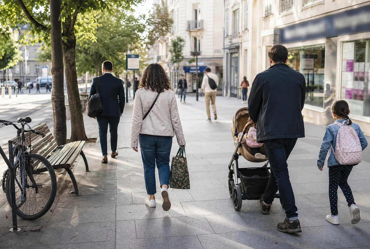 Rue française où des habitants anonymes concilient travail, déplacements, famille et temps libre
