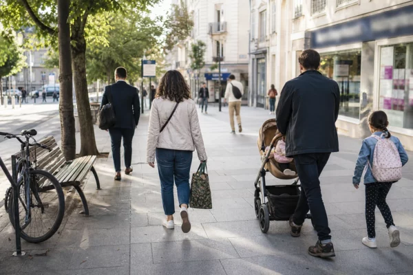 Rue française où des habitants anonymes concilient travail, déplacements, famille et temps libre