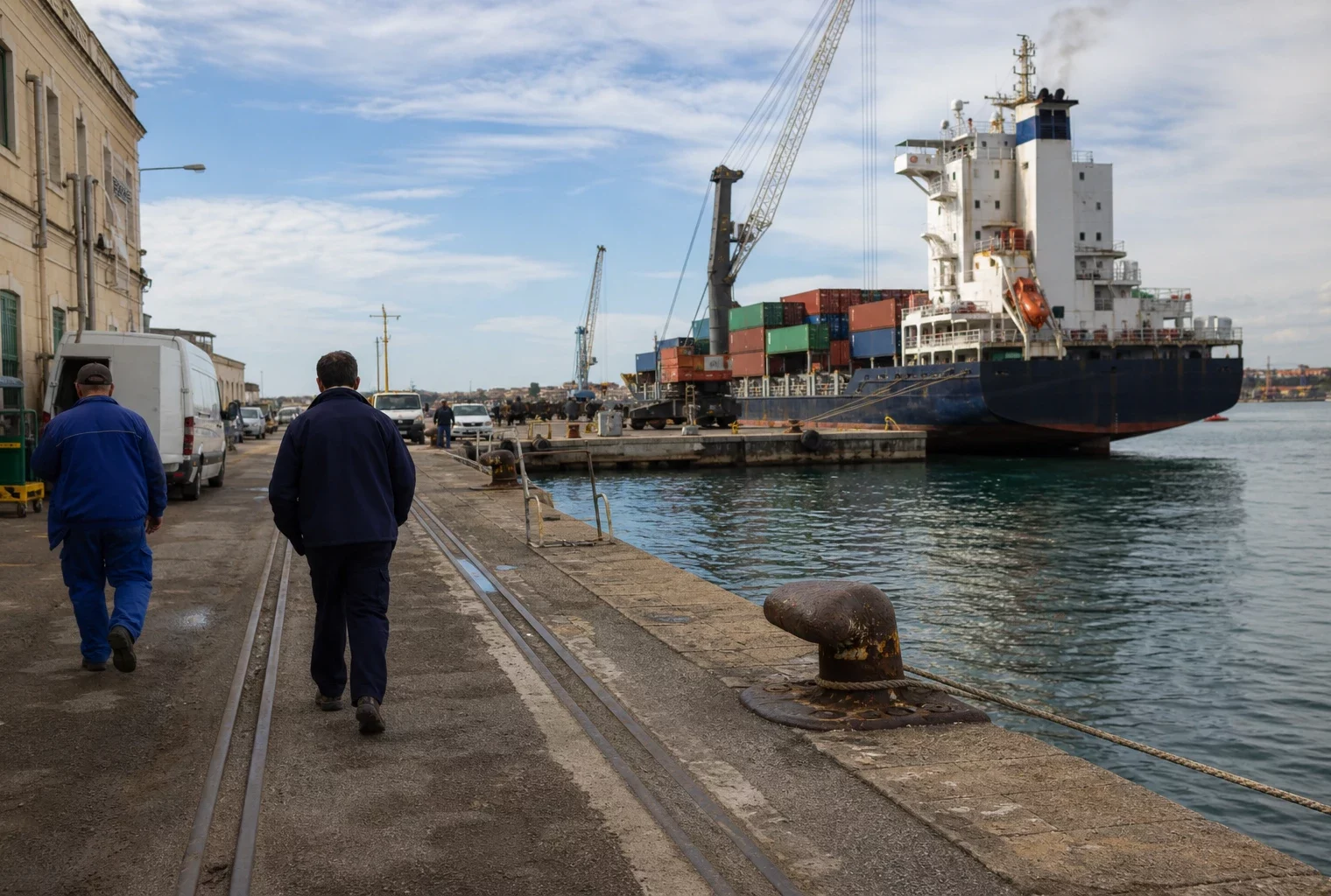 Quai maritime français avec dockers et habitants anonymes, illustrant les tensions commerciales autour du détroit d’Ormuz
