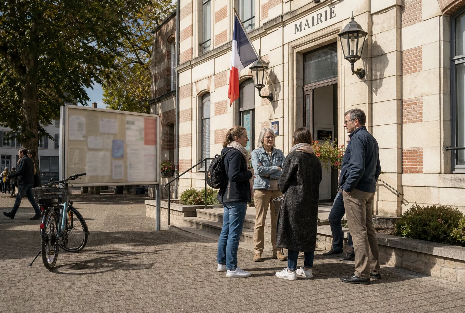Devant une mairie française, des habitants discutent de la diffusion du Tour de France femmes