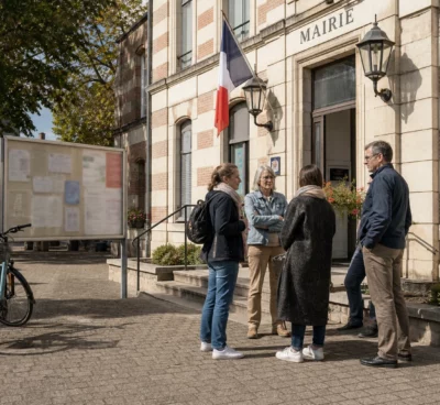 Devant une mairie française, des habitants discutent de la diffusion du Tour de France femmes