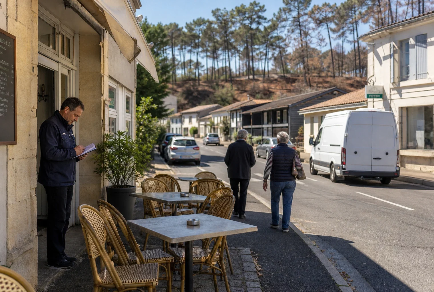 Rue d’une commune girondine après les incendies, avec terrasse vide et gérante d’hôtel face à la baisse du tourisme