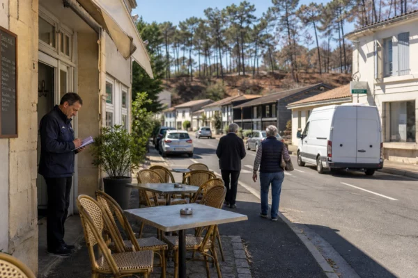 Rue d’une commune girondine après les incendies, avec terrasse vide et gérante d’hôtel face à la baisse du tourisme