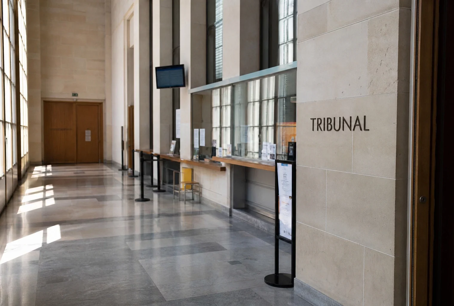 Intérieur lumineux du tribunal de Paris, couloir institutionnel vide avec comptoir d’accueil flou et lumière naturelle.