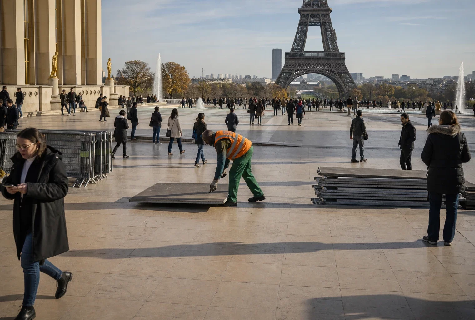 La place du Trocadéro à Paris, avec des passants anonymes et la tour Eiffel en arrière-plan