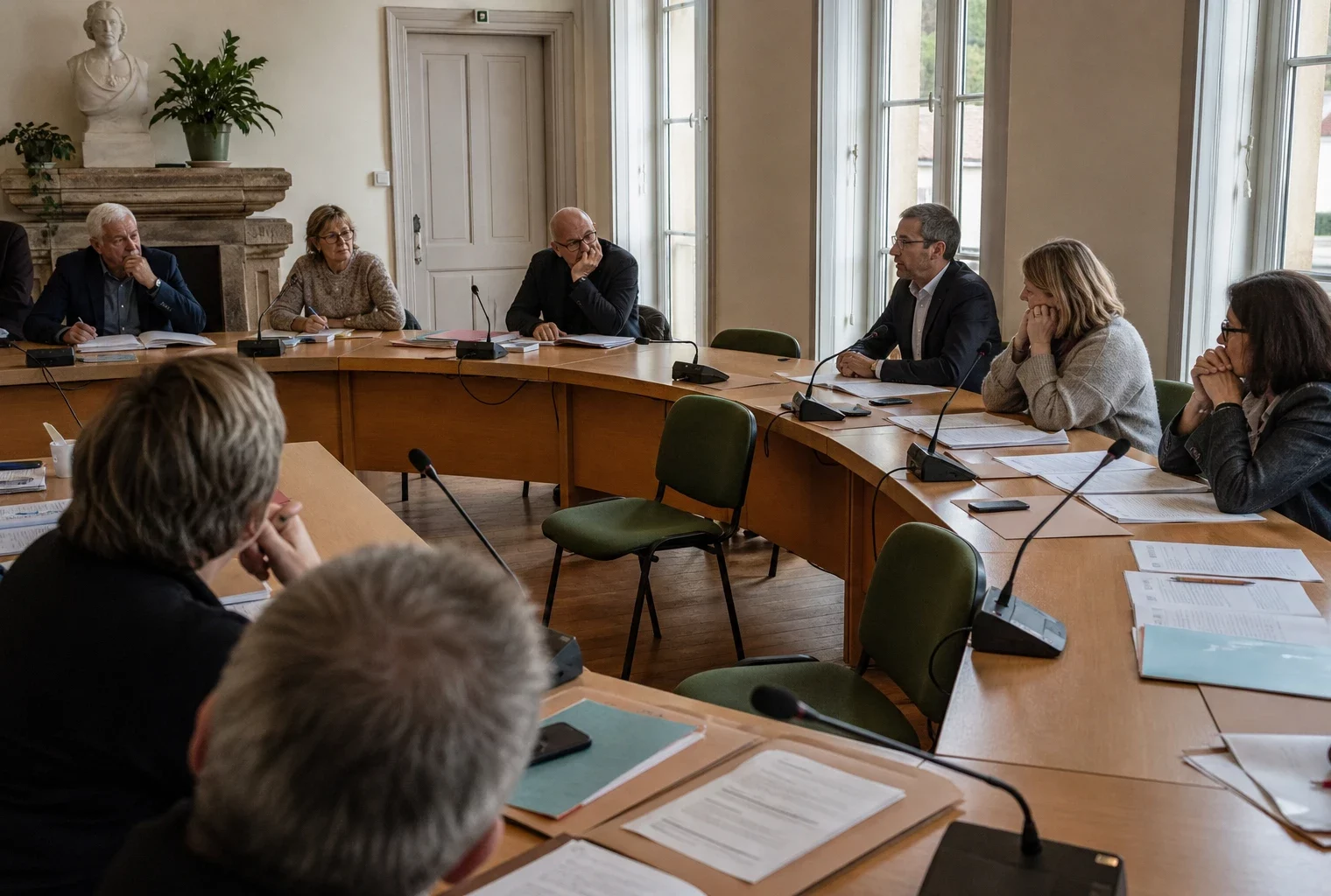 Salle municipale française où des élus anonymes discutent autour de micros, avec une chaise vide en retrait