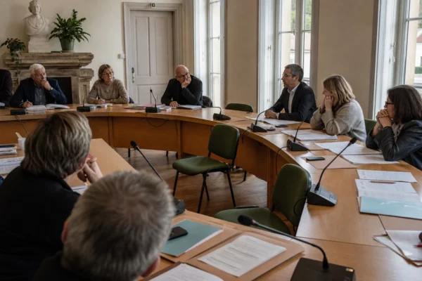 Salle municipale française où des élus anonymes discutent autour de micros, avec une chaise vide en retrait