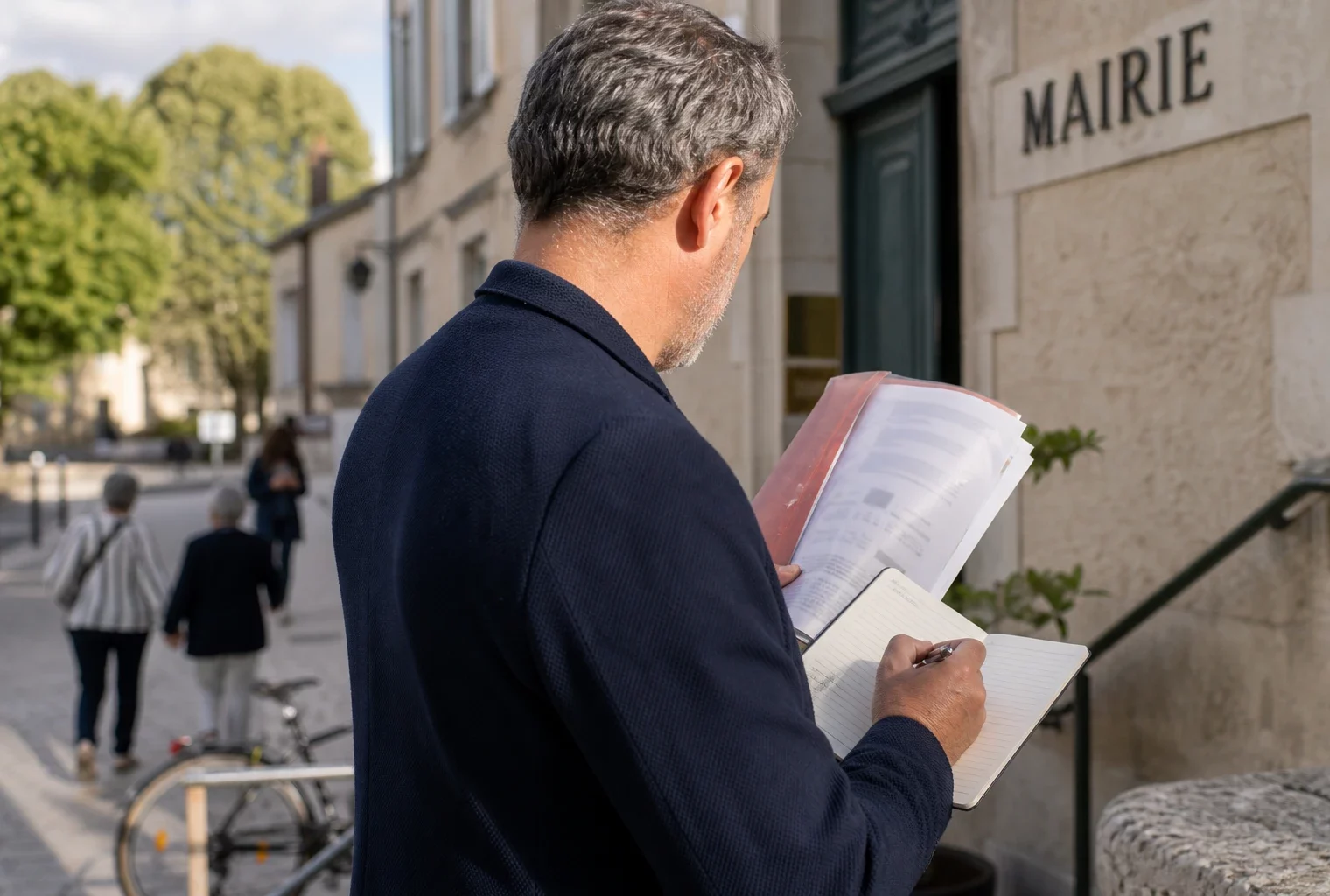 Élu local anonyme consultant un dossier devant une mairie française, dans une scène de débat politique sobre et humaine