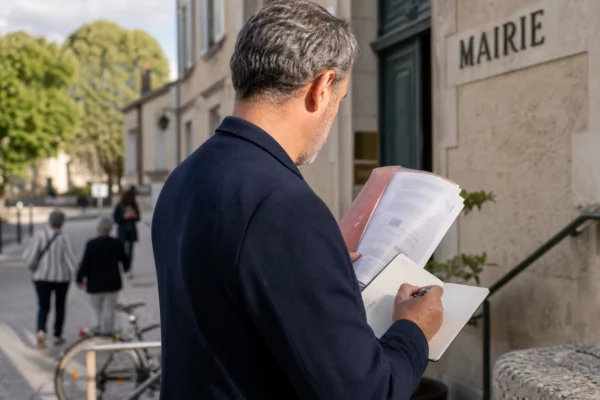 Élu local anonyme consultant un dossier devant une mairie française, dans une scène de débat politique sobre et humaine