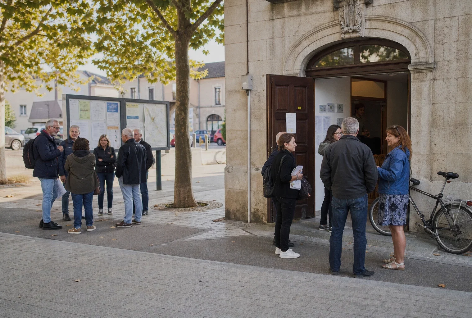 Habitants anonymes devant une mairie française, symbole d’un dialogue local autour de l’union de la gauche