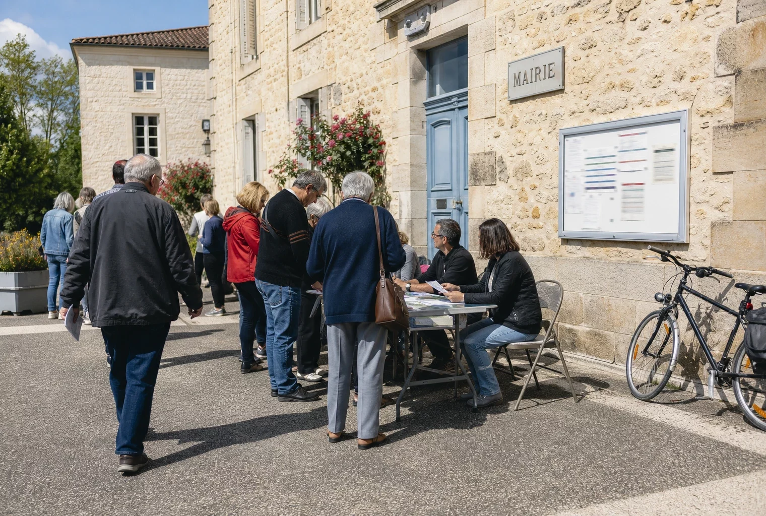 Citoyens et élus anonymes échangent devant une mairie française lors d’une discussion locale sur l’union de la gauche