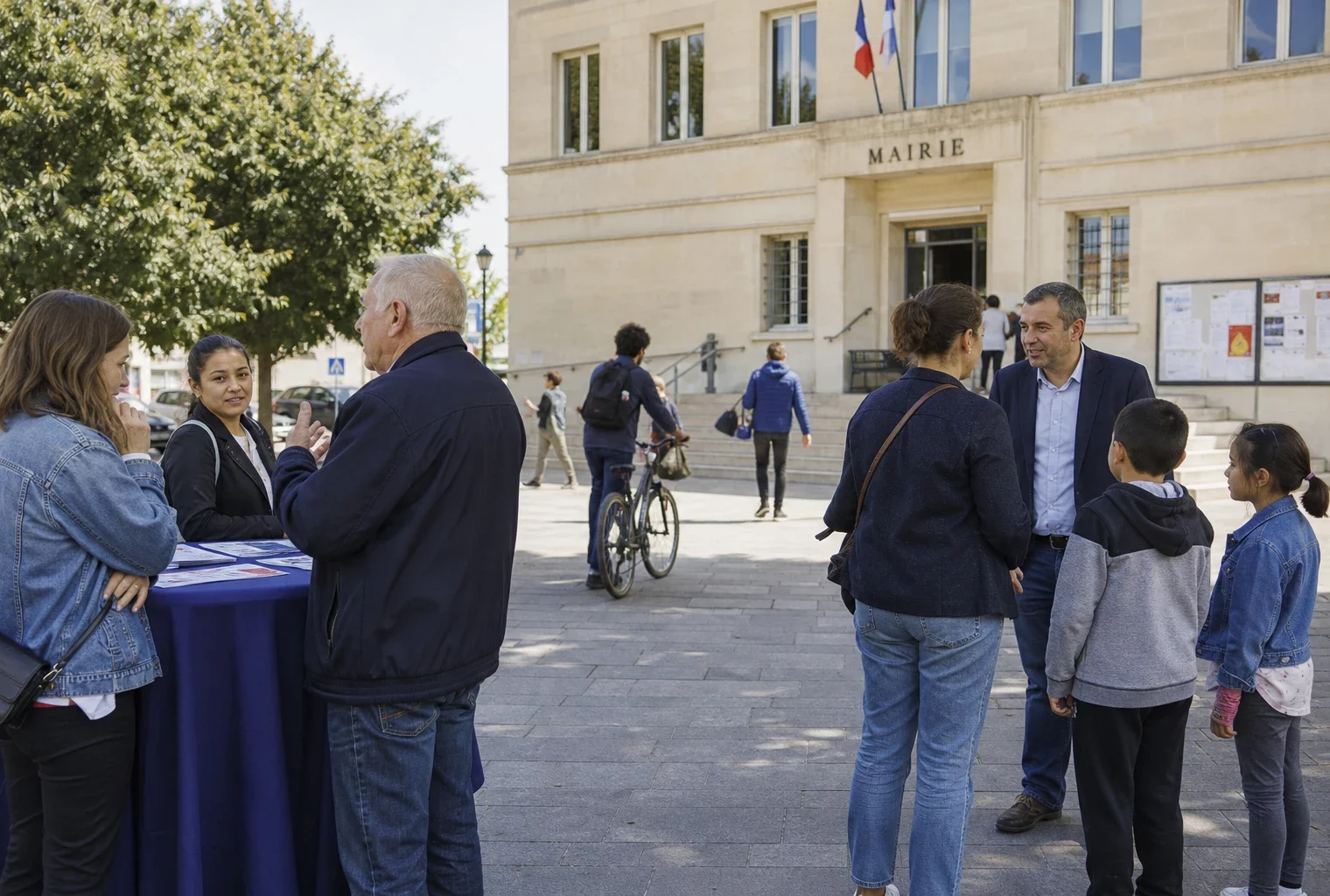 Habitants anonymes échangent devant une mairie de Seine-Saint-Denis lors d’une scène de vie citoyenne locale