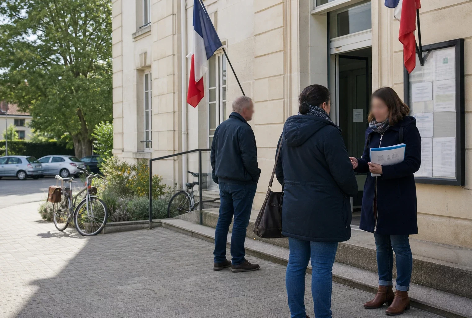 Citoyen échangeant avec une agente municipale devant une mairie française, dans une scène de service public ordinaire