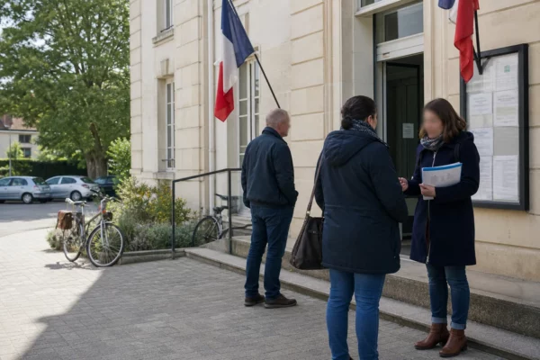 Citoyen échangeant avec une agente municipale devant une mairie française, dans une scène de service public ordinaire