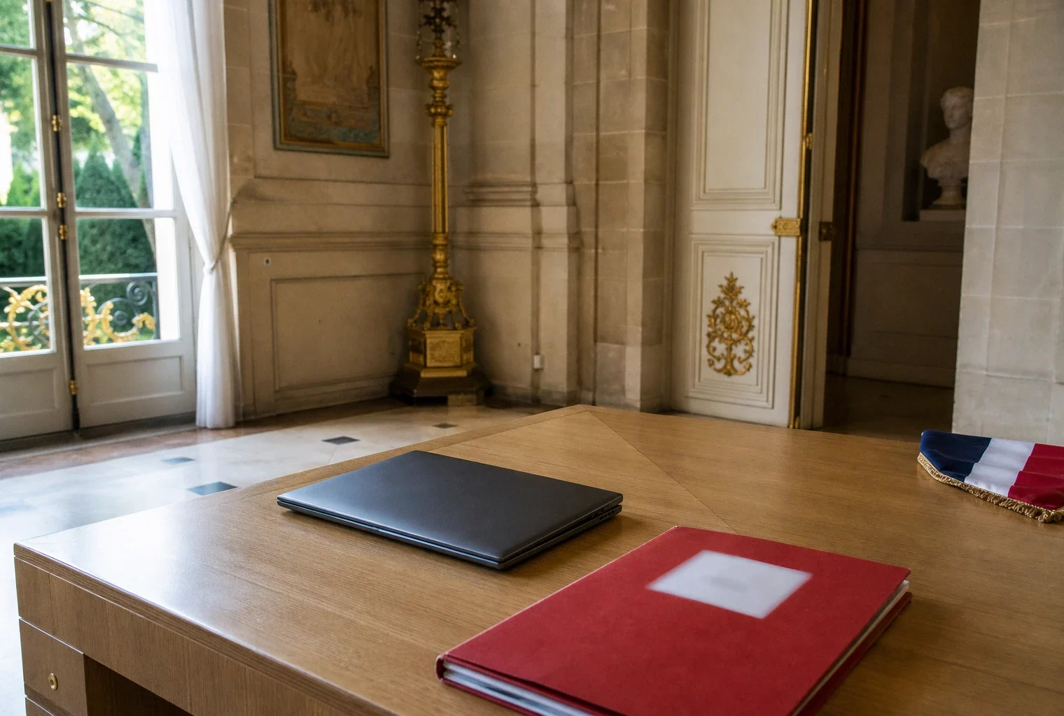 Bureau institutionnel français photographié à l’Élysée, symbolisant le dilemme entre diplomatie et enquête judiciaire