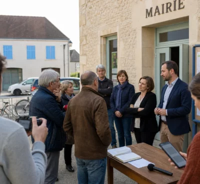 Citoyens anonymes échangeant devant une mairie française lors d’une réunion politique locale