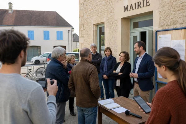 Citoyens anonymes échangeant devant une mairie française lors d’une réunion politique locale