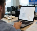 Vue over-the-shoulder dans une rédaction française, écran d’ordinateur avec interface européenne abstraite et main floue au premier plan.