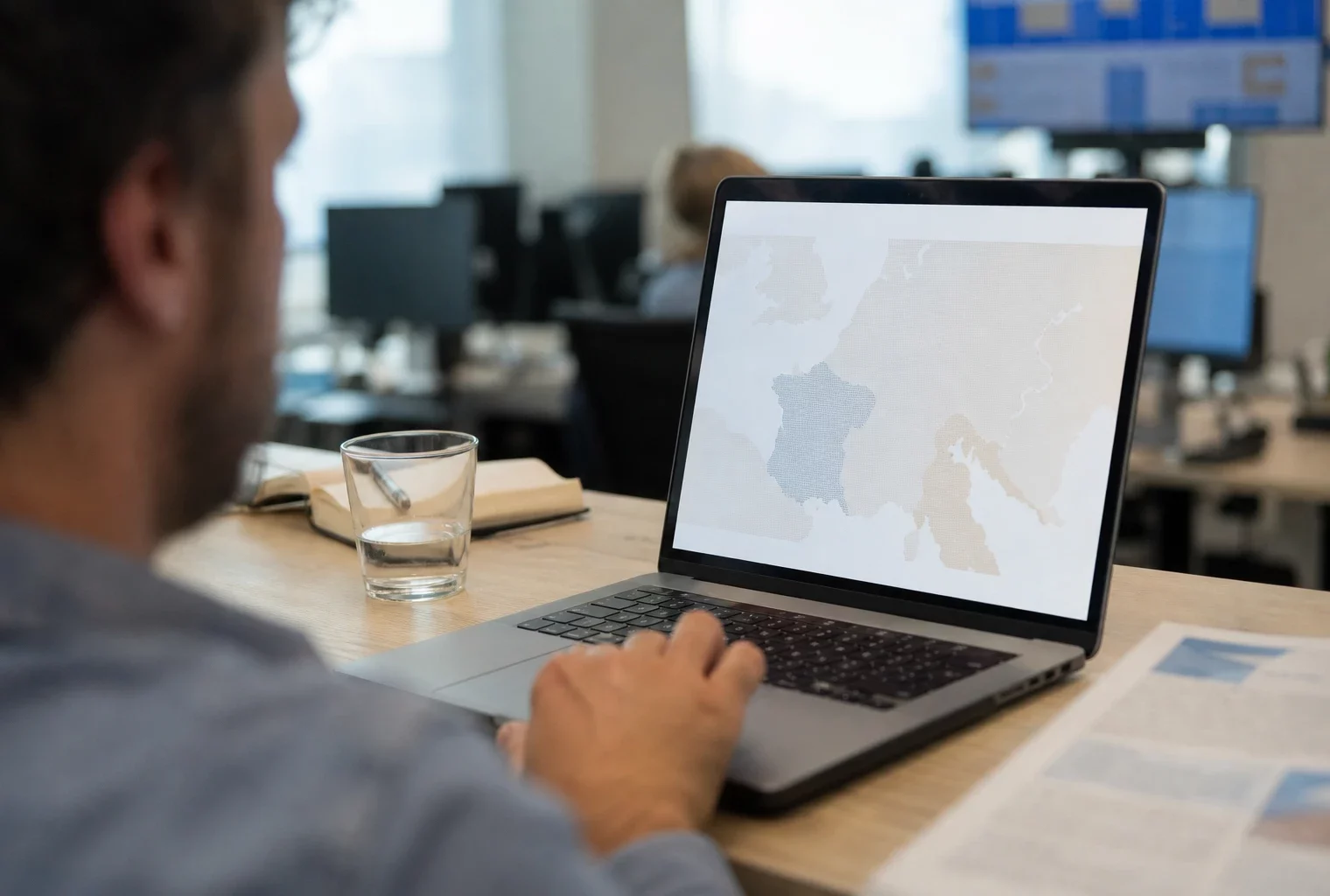 Vue over-the-shoulder dans une rédaction française, écran d’ordinateur avec interface européenne abstraite et main floue au premier plan.