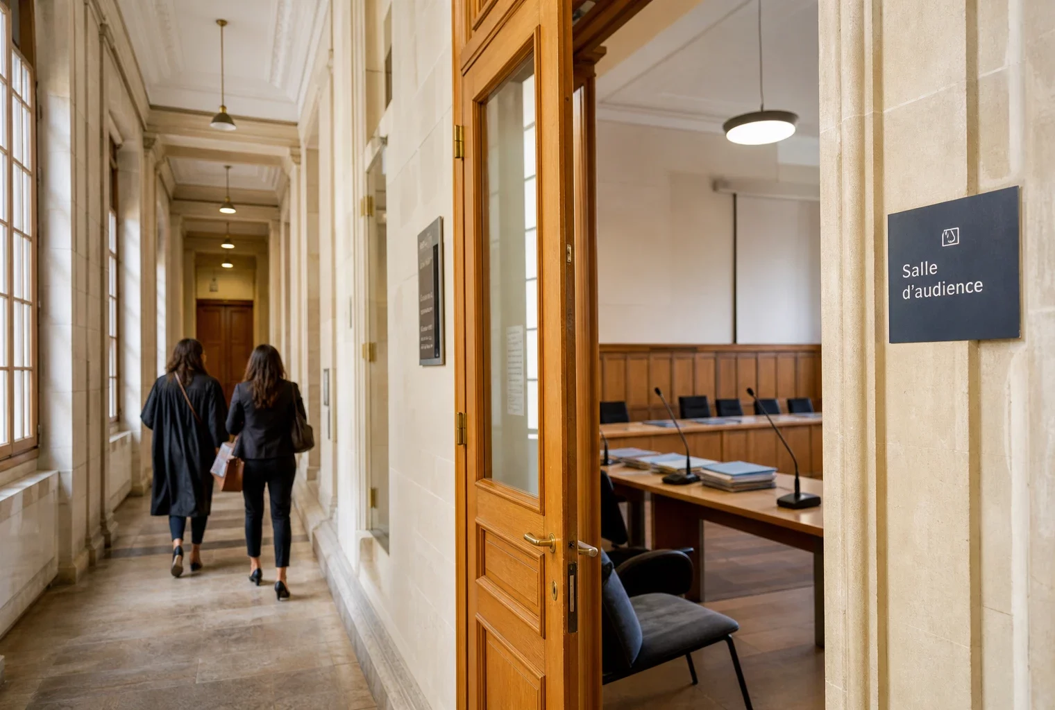 Couloir lumineux d’une institution française avec salle d’audition, évoquant l’héritage politique d’Yvette Roudy