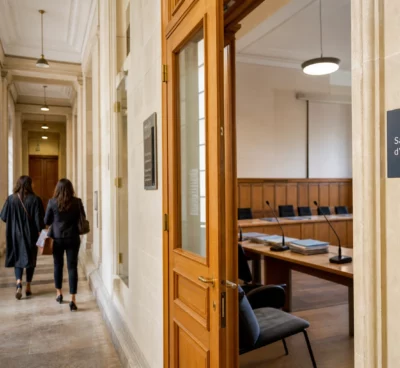 Couloir lumineux d’une institution française avec salle d’audition, évoquant l’héritage politique d’Yvette Roudy