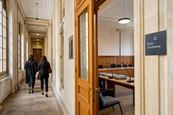 Couloir lumineux d’une institution française avec salle d’audition, évoquant l’héritage politique d’Yvette Roudy
