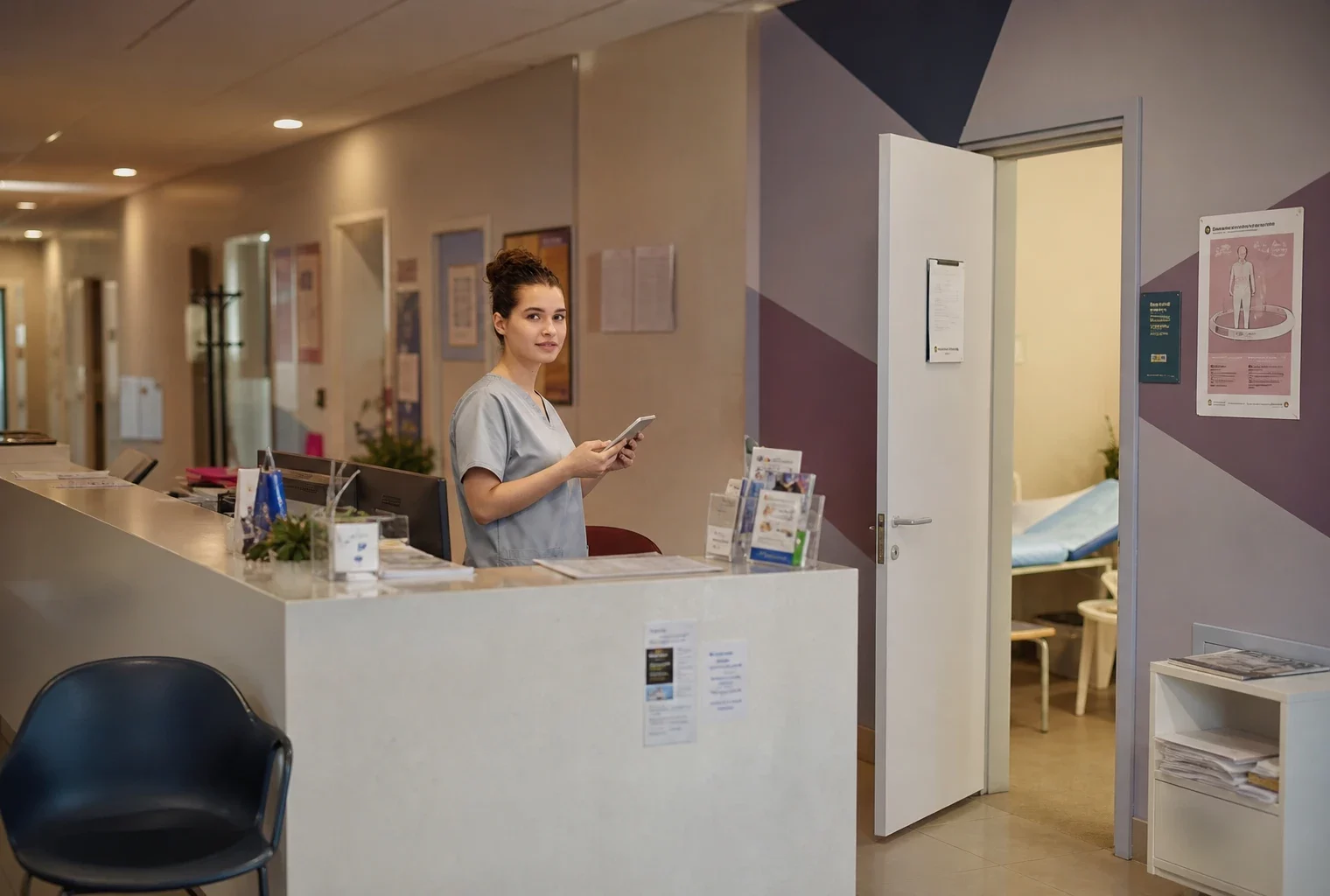 Accueil d’un centre de santé français, couloir de soins au fond, chaise d’attente et porte de cabinet au premier plan.