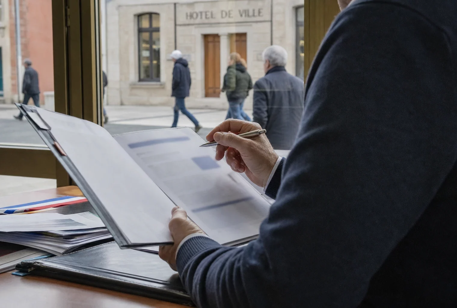 Élu local anonyme consultant un dossier dans une mairie française, avec une rue de ville en arrière-plan