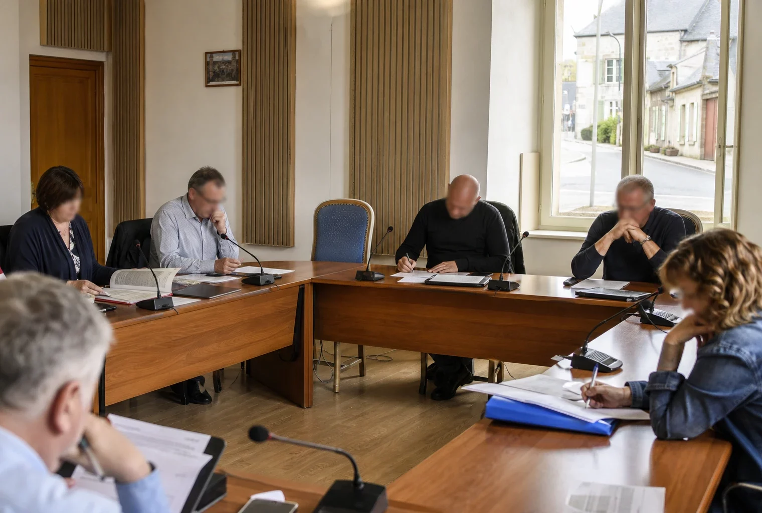 Salle de conseil municipal française avec une chaise vide, des micros et des dossiers lors d’un débat migratoire