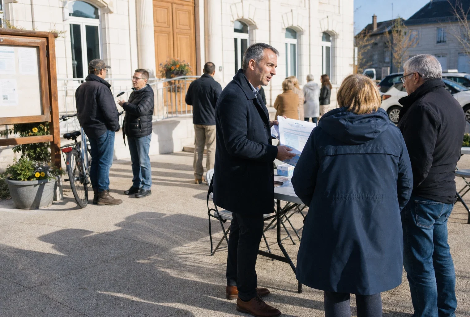 Citoyens anonymes échangeant devant une mairie française au sujet d’un accord migratoire