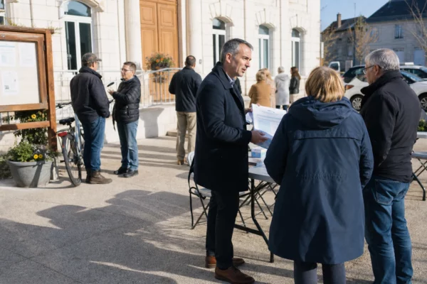 Citoyens anonymes échangeant devant une mairie française au sujet d’un accord migratoire