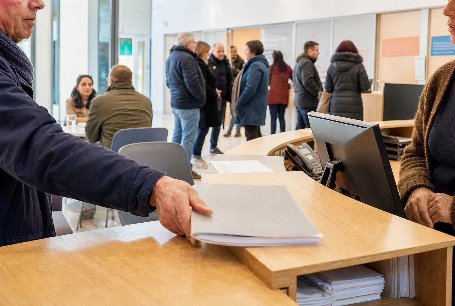 Accueil citoyen français avec dossier administratif et échanges anonymes au comptoir d’un service public lumineux