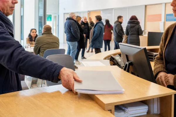 Accueil citoyen français avec dossier administratif et échanges anonymes au comptoir d’un service public lumineux