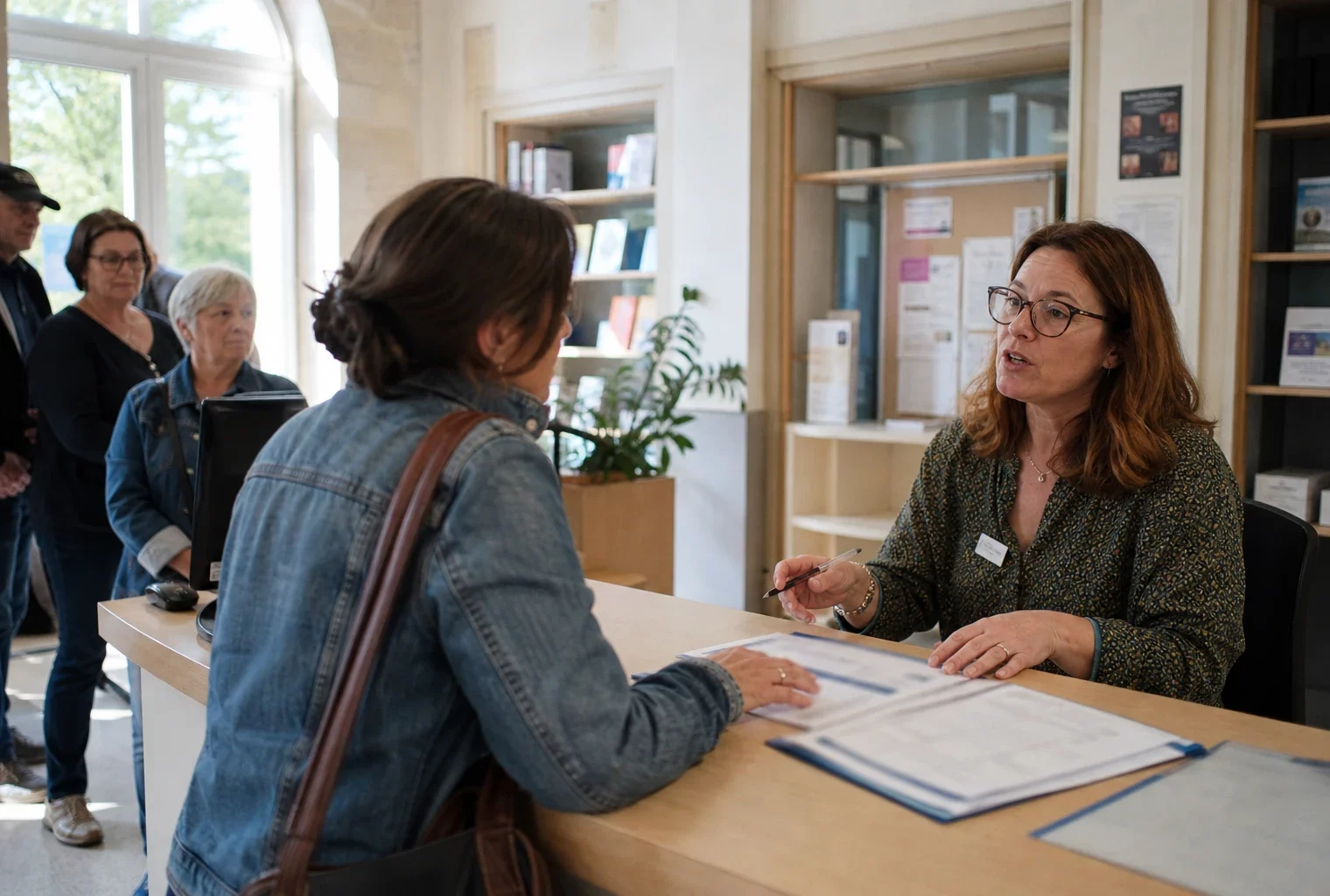 Accueil public français avec un agent et des citoyens autour de dossiers administratifs flous