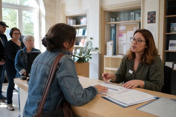 Accueil public français avec un agent et des citoyens autour de dossiers administratifs flous