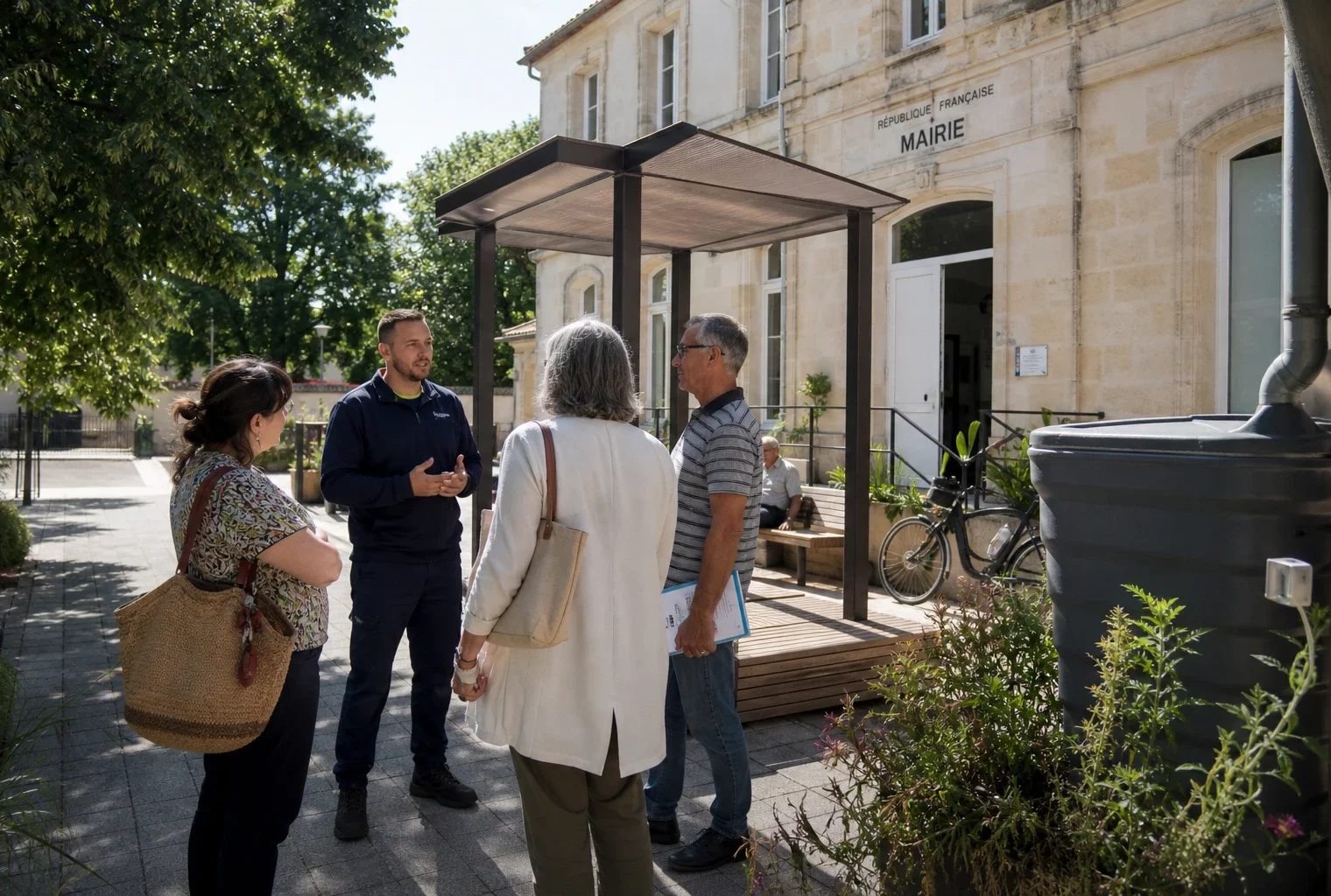 Citoyens et agent municipal échangent devant une mairie française sur l’adaptation aux fortes chaleurs