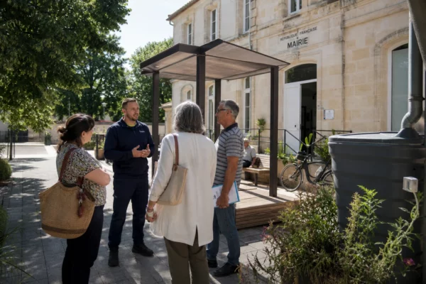 Citoyens et agent municipal échangent devant une mairie française sur l’adaptation aux fortes chaleurs