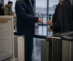 Hall de contrôle d’un aéroport régional français, files d’attente, portiques de sûreté et reflets humides au sol.