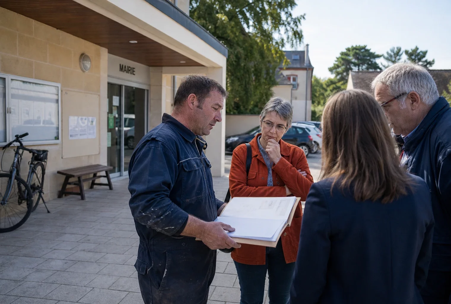 Un agriculteur échange avec des habitants devant une mairie française au sujet des aides après la sécheresse