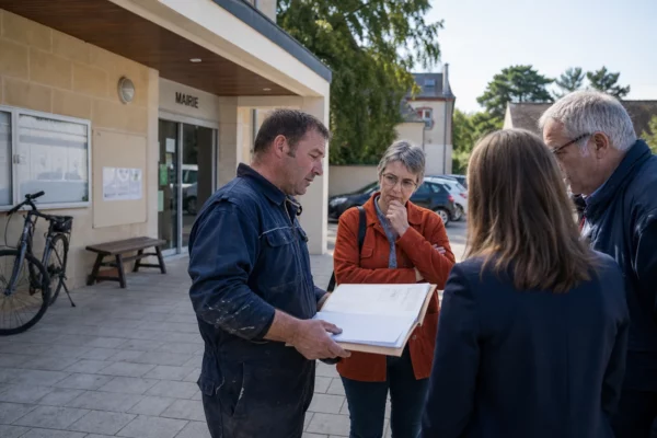 Un agriculteur échange avec des habitants devant une mairie française au sujet des aides après la sécheresse