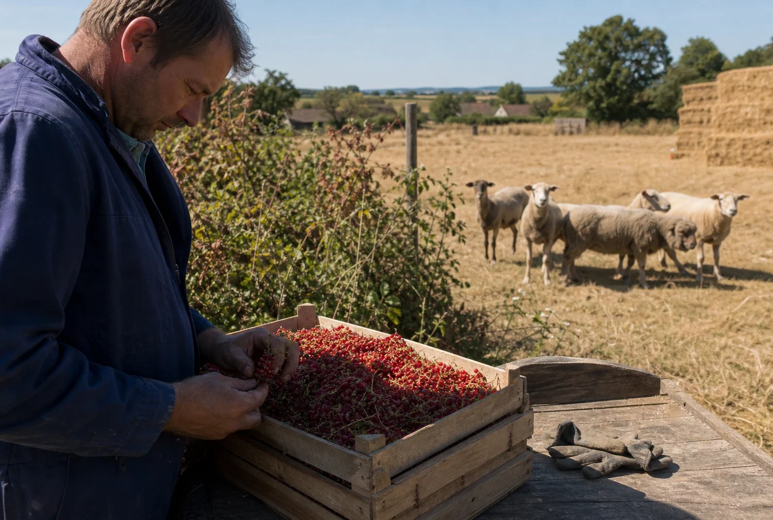 Agriculteur examinant des groseilles abîmées près d’un troupeau de brebis dans une ferme touchée par la sécheresse