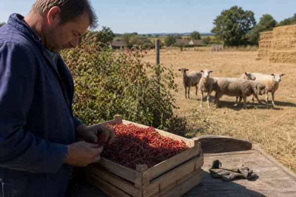 Agriculteur examinant des groseilles abîmées près d’un troupeau de brebis dans une ferme touchée par la sécheresse