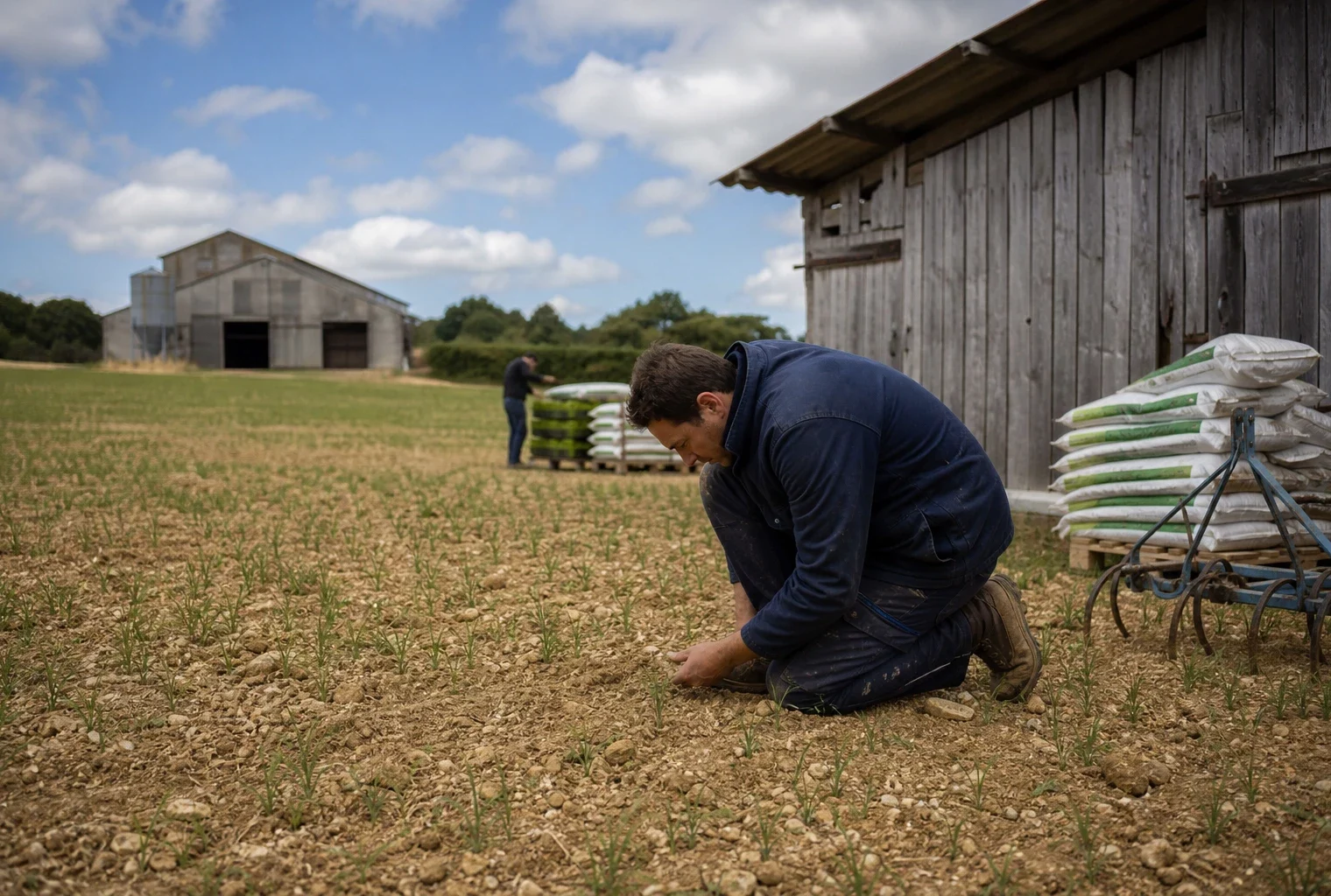 Agriculteur examinant un sol sec dans une exploitation française après la sécheresse estivale