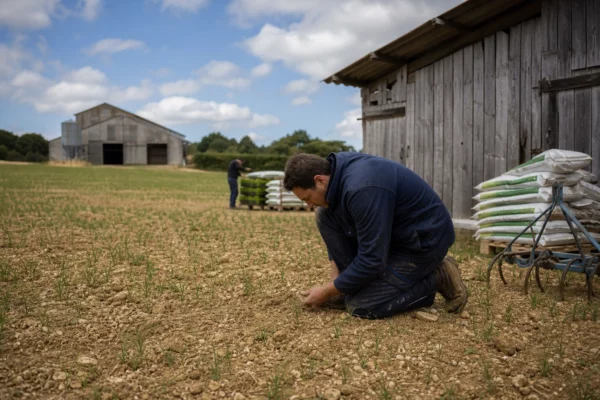 Agriculteur examinant un sol sec dans une exploitation française après la sécheresse estivale