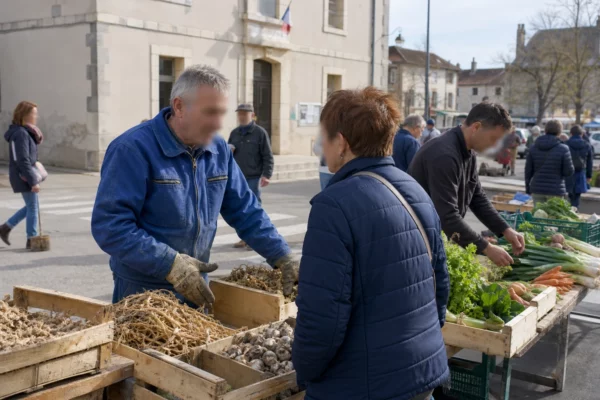 Marché d’une petite ville française avec un agriculteur et des habitants autour de produits agricoles malgré la sécheresse